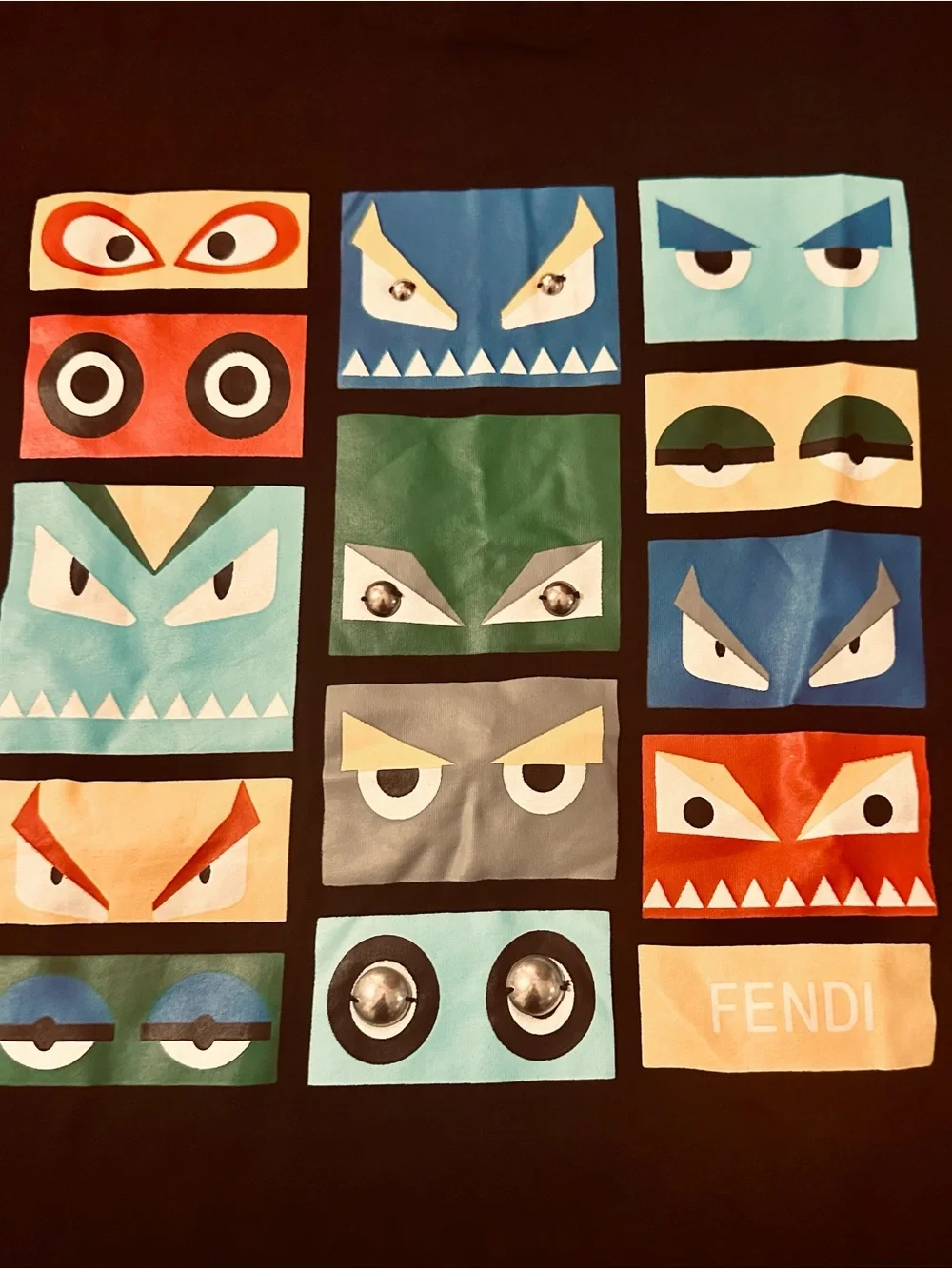 Fendi Black Tee with Multicolor Monster-Block Graphic